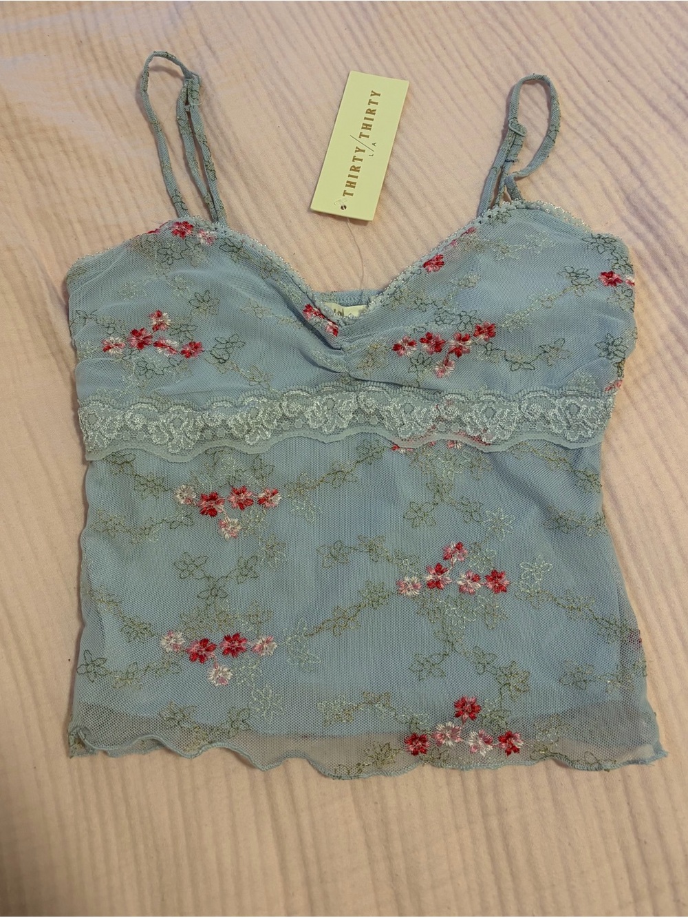 embroidered y2k baby blue floral mesh top